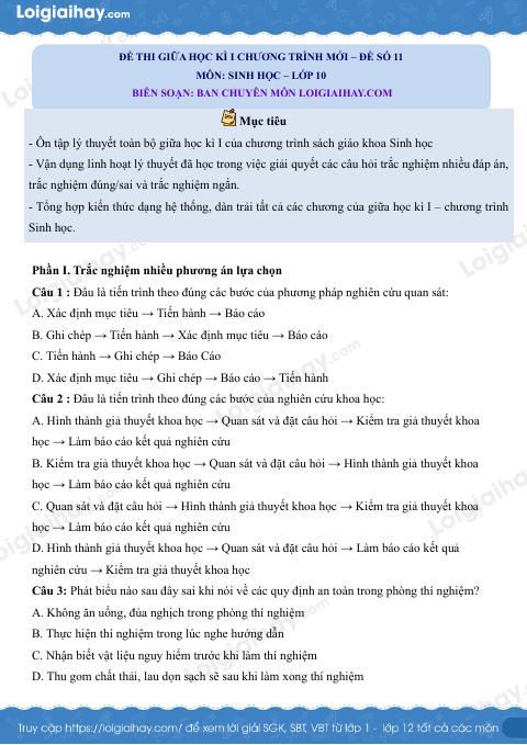 Đề thi giữa kì 1 Sinh 10 Kết nối tri thức - Đề số 11
